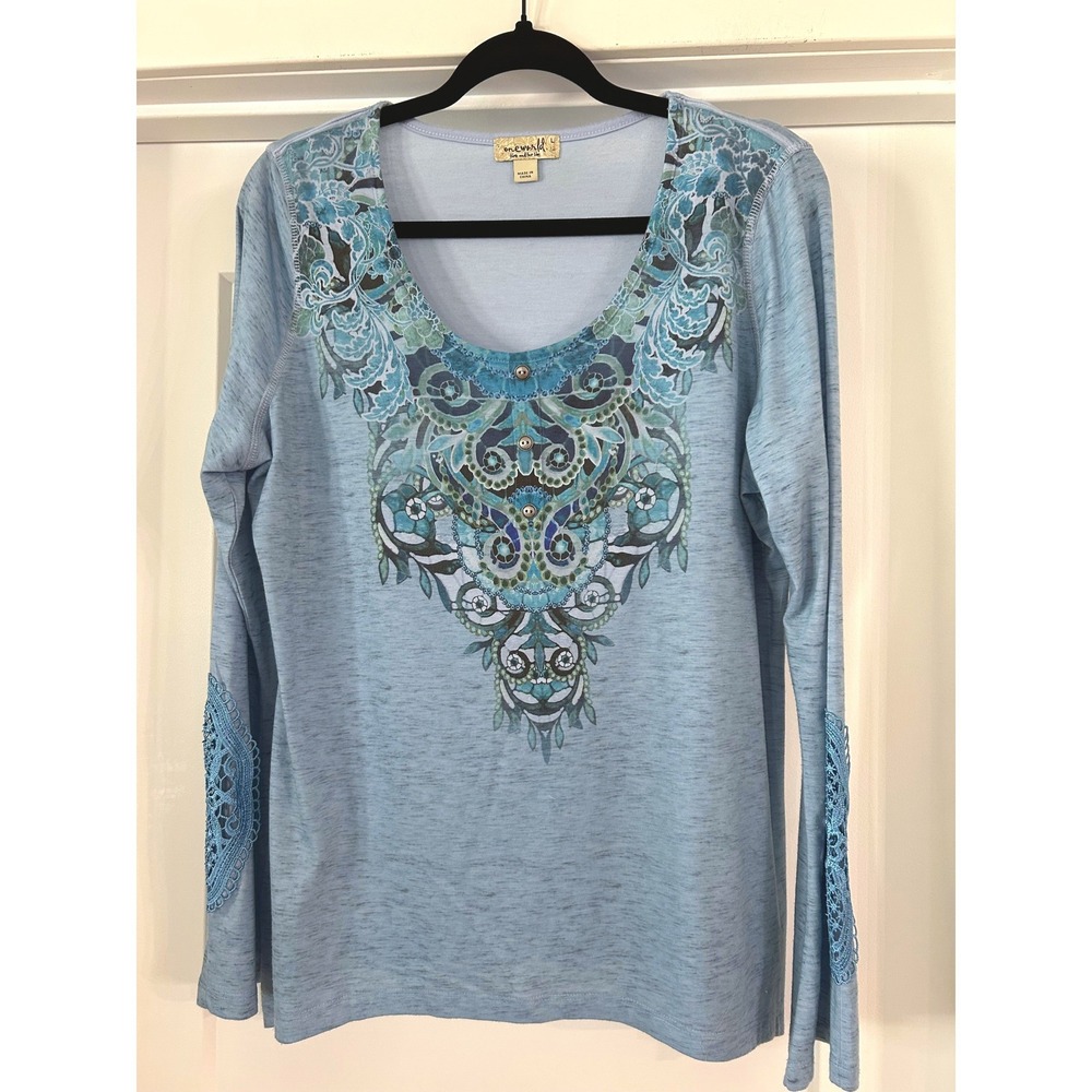 One World Blue Paisley Graphic Long Sleeve Top Crochet Lace Medallion Large